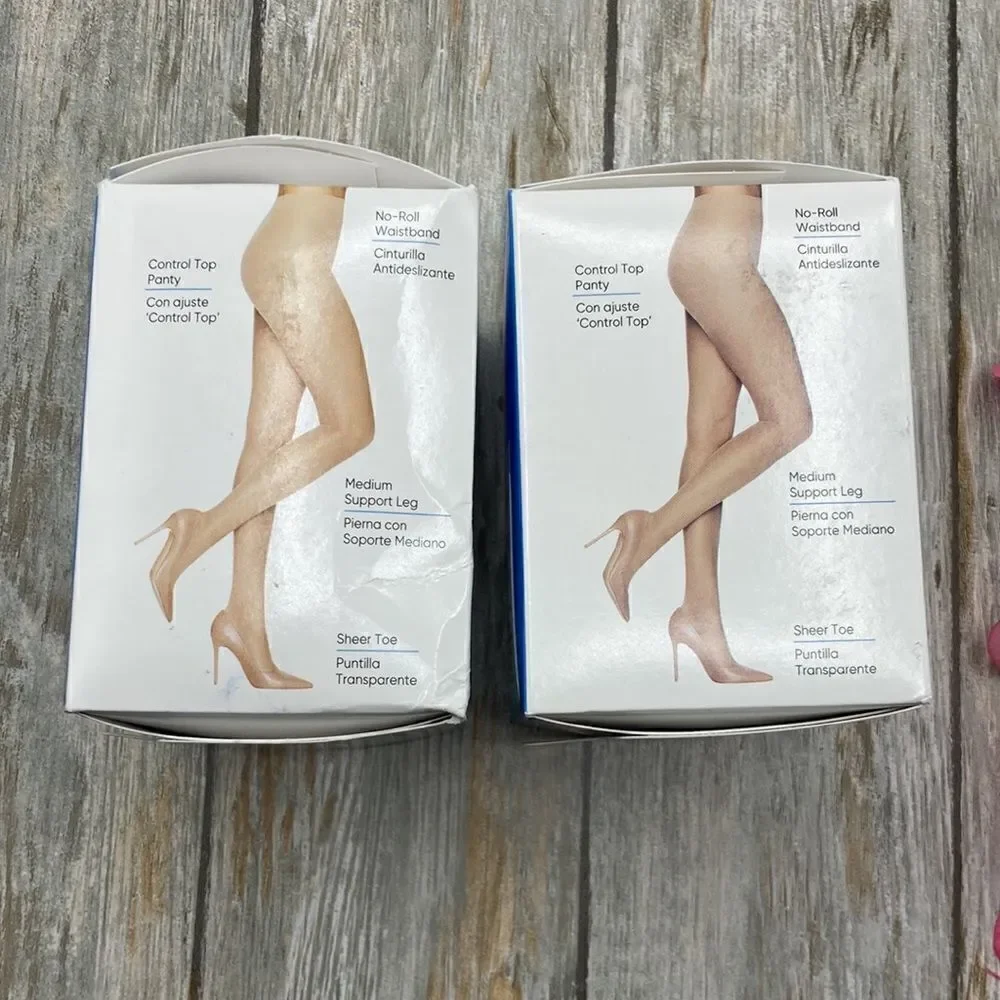 Sheer Medium Support Leg Control Top No-Roll Waistband Sheer Toe, 2, 2-Pk Size B